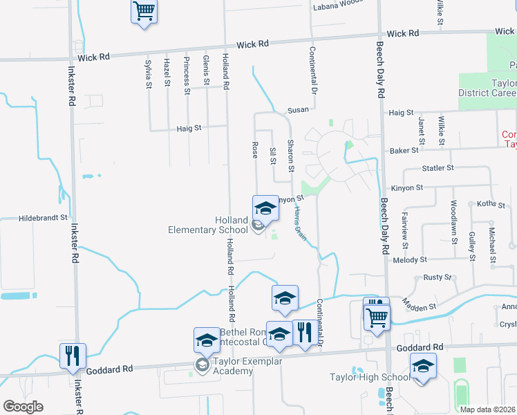 map of restaurants, bars, coffee shops, grocery stores, and more near 26427 Kinyon Street in Taylor