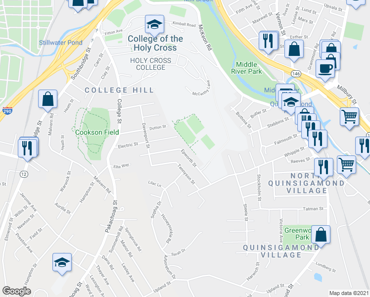 map of restaurants, bars, coffee shops, grocery stores, and more near 61 Epworth Street in Worcester