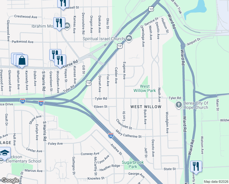 map of restaurants, bars, coffee shops, grocery stores, and more near 830 Calder Avenue in Ypsilanti
