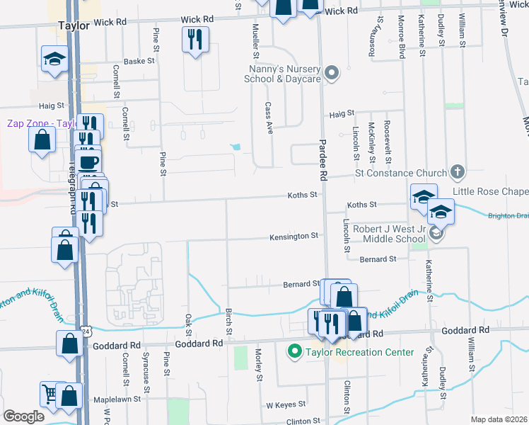 map of restaurants, bars, coffee shops, grocery stores, and more near 22911 Koths Street in Taylor