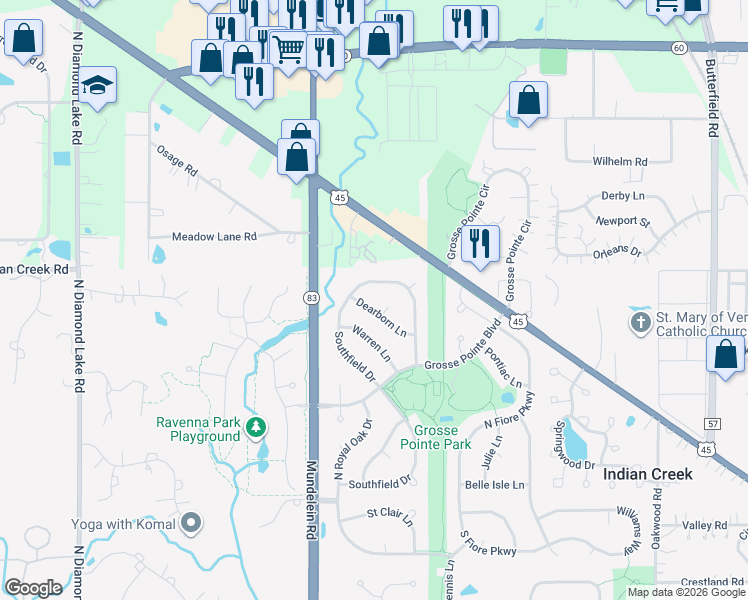 map of restaurants, bars, coffee shops, grocery stores, and more near 1108 Dearborn Lane in Vernon Hills
