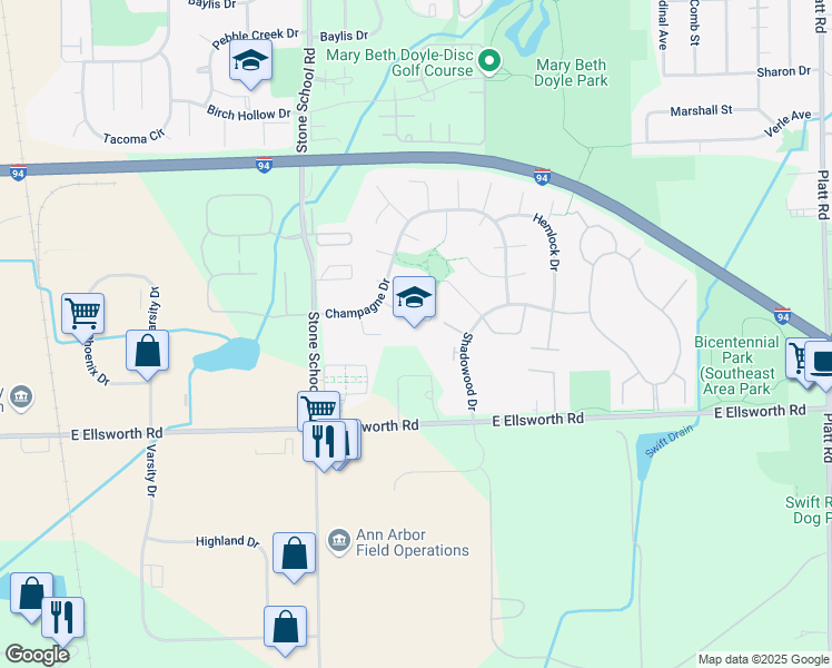 map of restaurants, bars, coffee shops, grocery stores, and more near 2150 Santa Rosa Drive in Ann Arbor