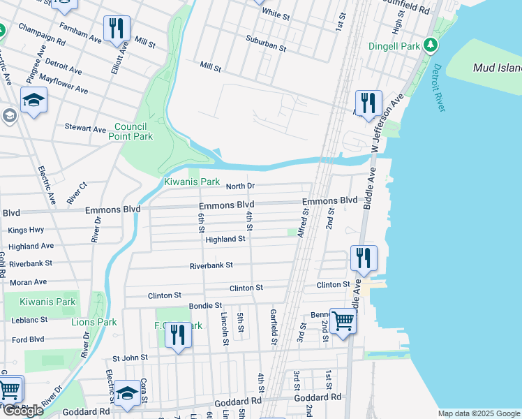 map of restaurants, bars, coffee shops, grocery stores, and more near 365 Emmons Blvd in Wyandotte