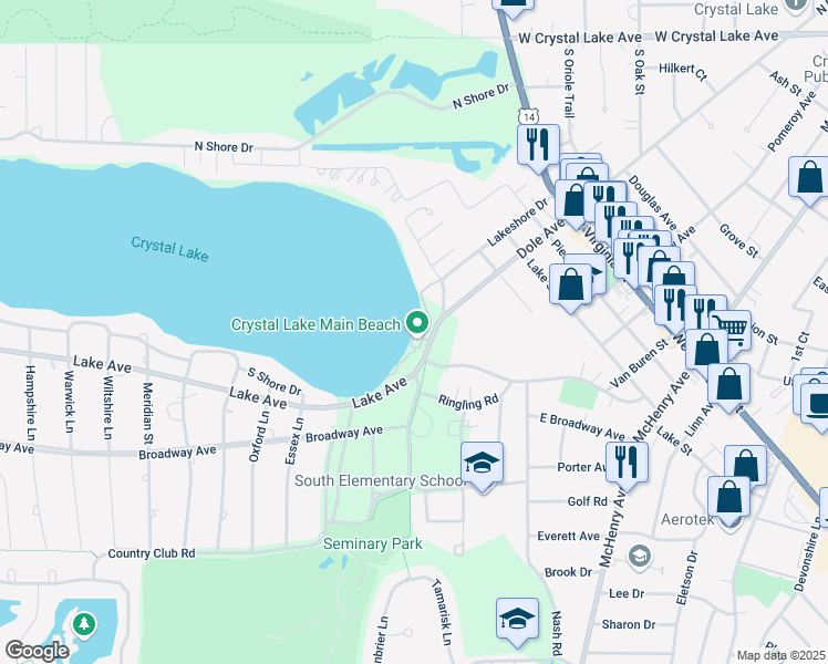 map of restaurants, bars, coffee shops, grocery stores, and more near 398 Country Club Road in Crystal Lake