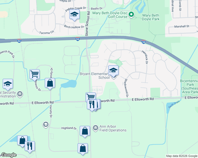 map of restaurants, bars, coffee shops, grocery stores, and more near 6 Jay Lee Court in Ann Arbor