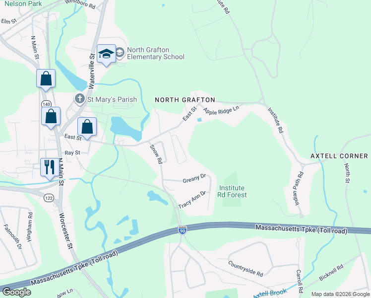 map of restaurants, bars, coffee shops, grocery stores, and more near 30 Kaye Circle in Grafton