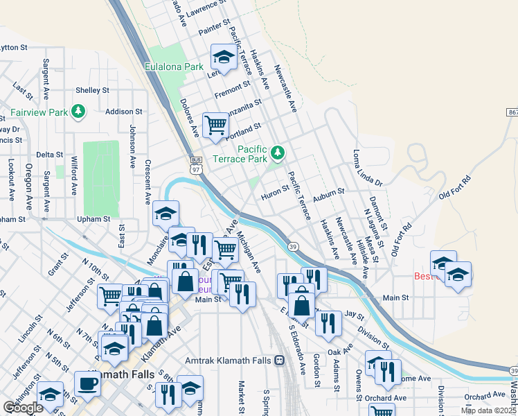 map of restaurants, bars, coffee shops, grocery stores, and more near 517 North Eldorado Avenue in Klamath Falls