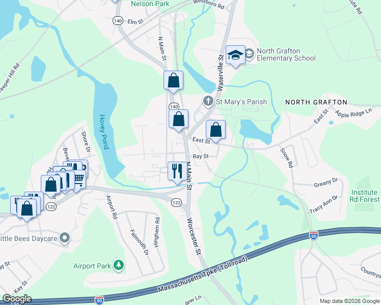 map of restaurants, bars, coffee shops, grocery stores, and more near 1 Ray Street in Grafton