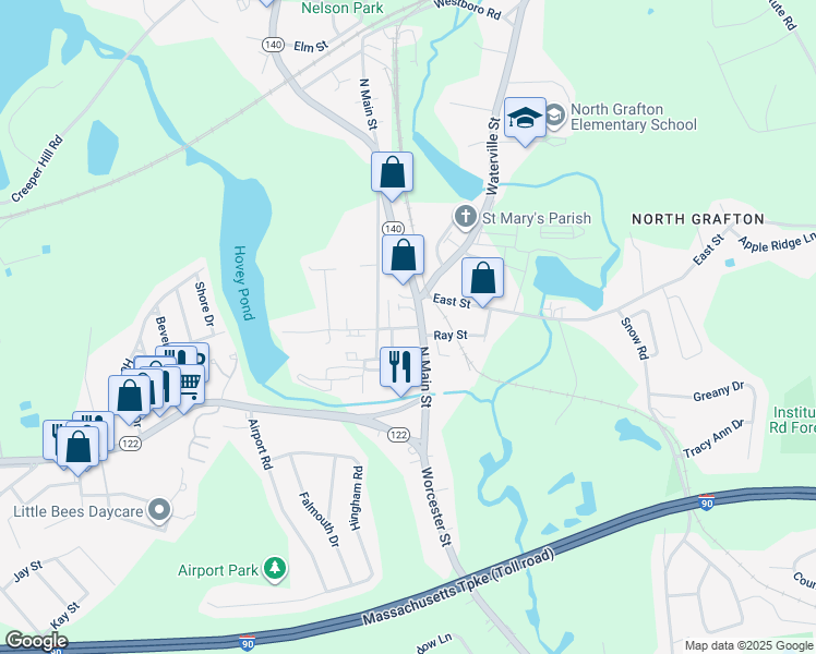 map of restaurants, bars, coffee shops, grocery stores, and more near 12 Perry Street in Grafton