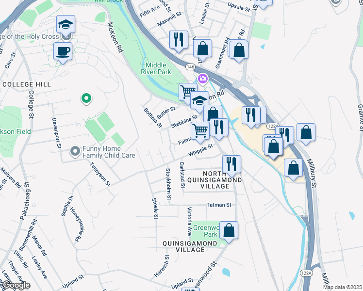 map of restaurants, bars, coffee shops, grocery stores, and more near 29 Falmouth Street in Worcester
