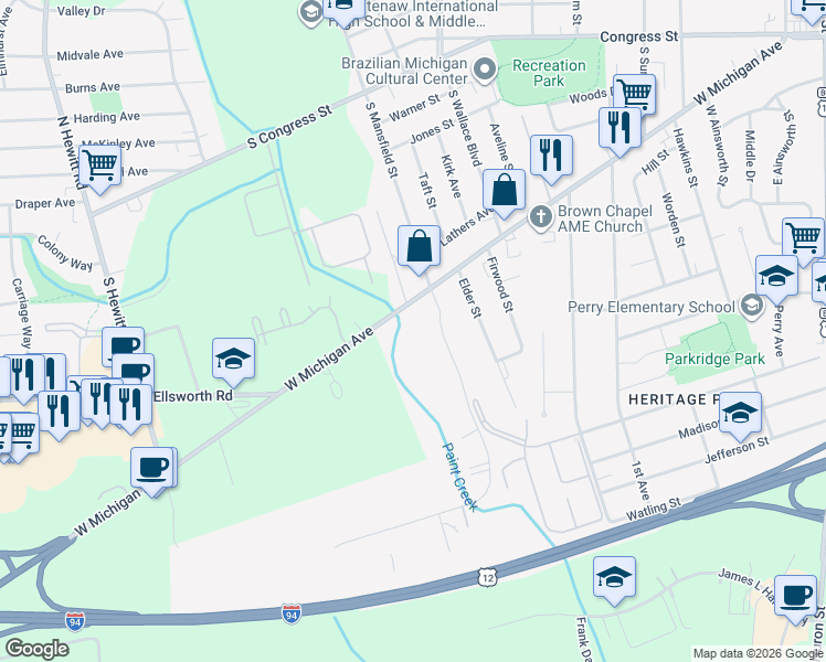 map of restaurants, bars, coffee shops, grocery stores, and more near in Ypsilanti