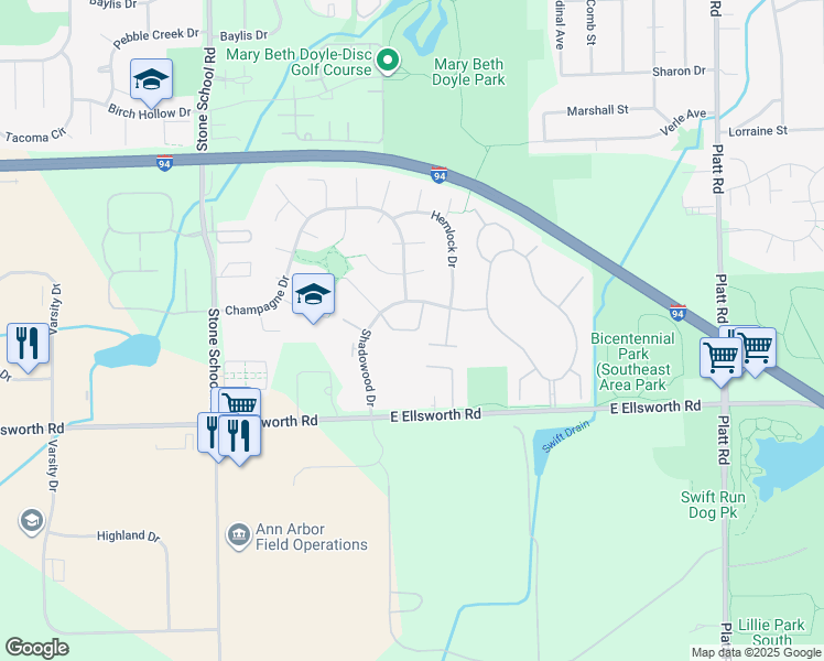 map of restaurants, bars, coffee shops, grocery stores, and more near 2401-2499 Laurelwood Cir in Ann Arbor Charter Township