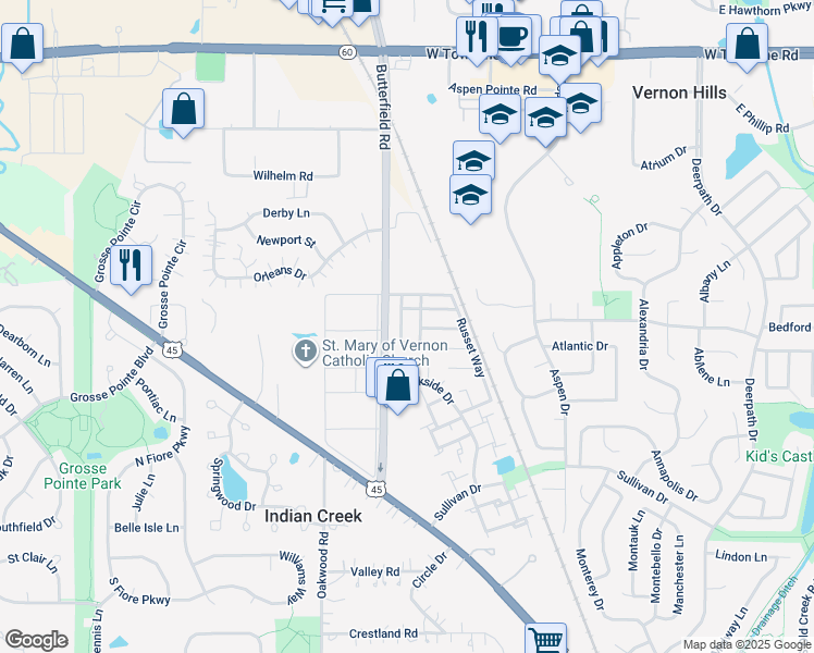 map of restaurants, bars, coffee shops, grocery stores, and more near 322 Farmingdale Circle in Vernon Hills