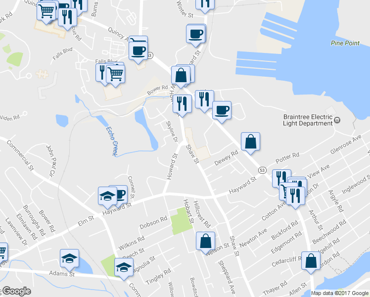 map of restaurants, bars, coffee shops, grocery stores, and more near 95 Howard Street in Braintree