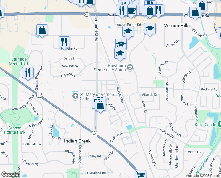 map of restaurants, bars, coffee shops, grocery stores, and more near 348 Farmington Lane in Vernon Hills
