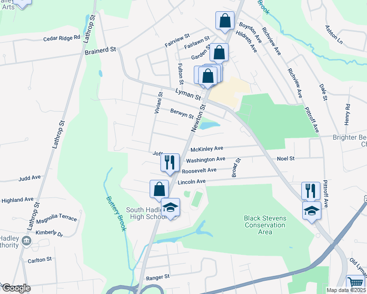 map of restaurants, bars, coffee shops, grocery stores, and more near 390 Massachusetts 116 in South Hadley