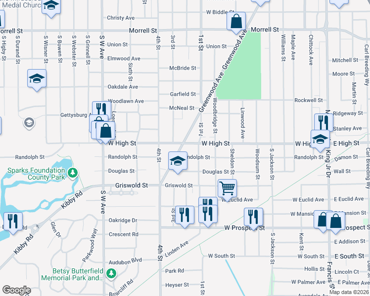 map of restaurants, bars, coffee shops, grocery stores, and more near 1303 Greenwood Avenue in Jackson