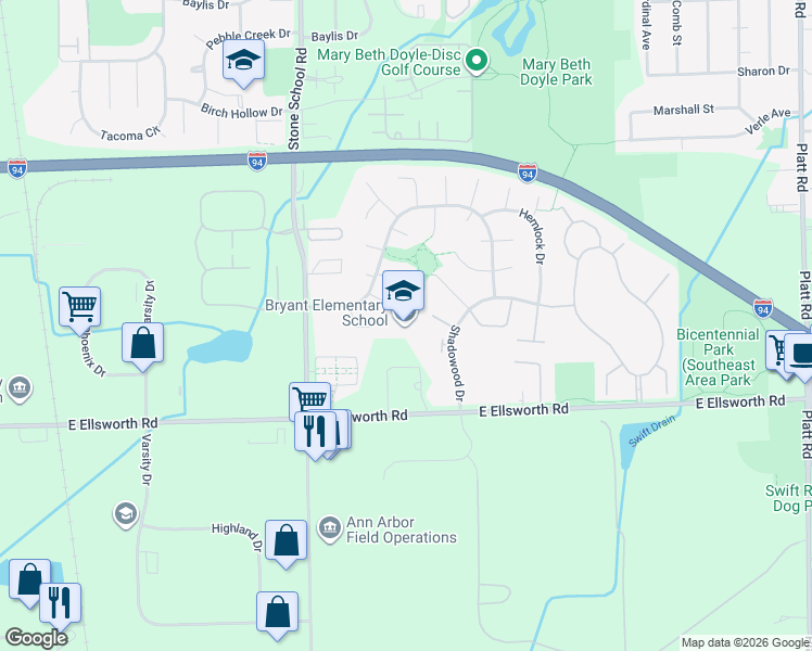 map of restaurants, bars, coffee shops, grocery stores, and more near 2150 Santa Rosa Drive in Ann Arbor