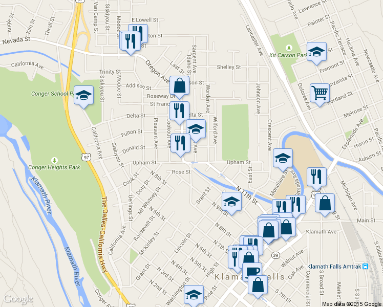 map of restaurants, bars, coffee shops, grocery stores, and more near 1330 Sargent Ave in Klamath Falls