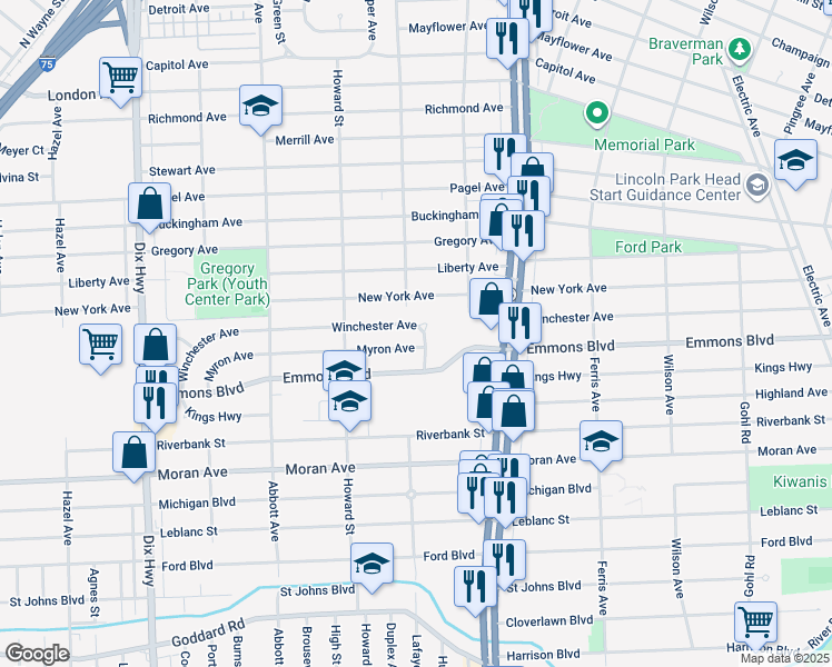 map of restaurants, bars, coffee shops, grocery stores, and more near 1469 Winchester Avenue in Lincoln Park