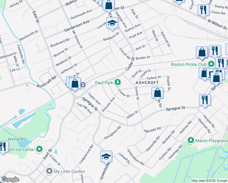map of restaurants, bars, coffee shops, grocery stores, and more near 38 Beech Street in Dedham
