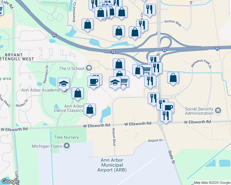 map of restaurants, bars, coffee shops, grocery stores, and more near 806 Airport Blvd in Ann Arbor