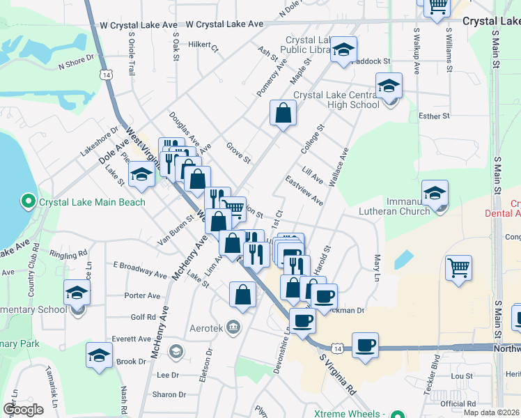 map of restaurants, bars, coffee shops, grocery stores, and more near 266 Union Street in Crystal Lake