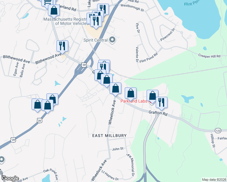 map of restaurants, bars, coffee shops, grocery stores, and more near 1459 Grafton Road in Millbury