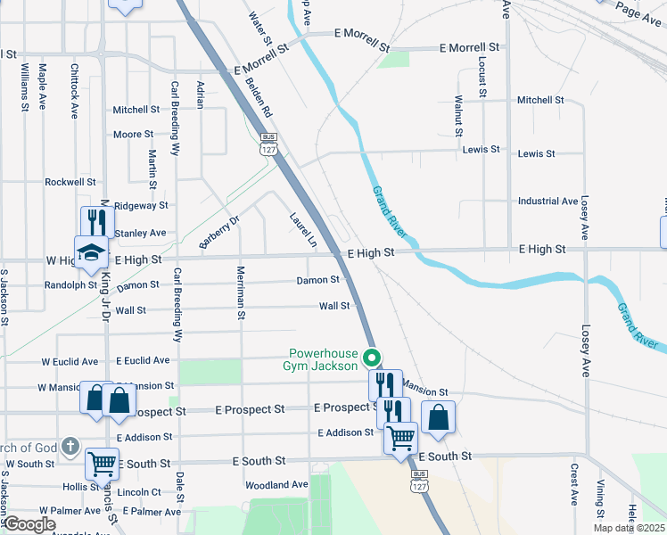map of restaurants, bars, coffee shops, grocery stores, and more near 419 East High Street in Jackson