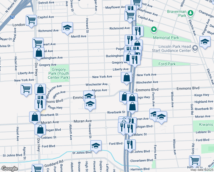 map of restaurants, bars, coffee shops, grocery stores, and more near 1469 Winchester Avenue in Lincoln Park