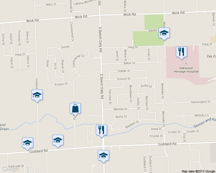 map of restaurants, bars, coffee shops, grocery stores, and more near 10090 Fairview St in Taylor