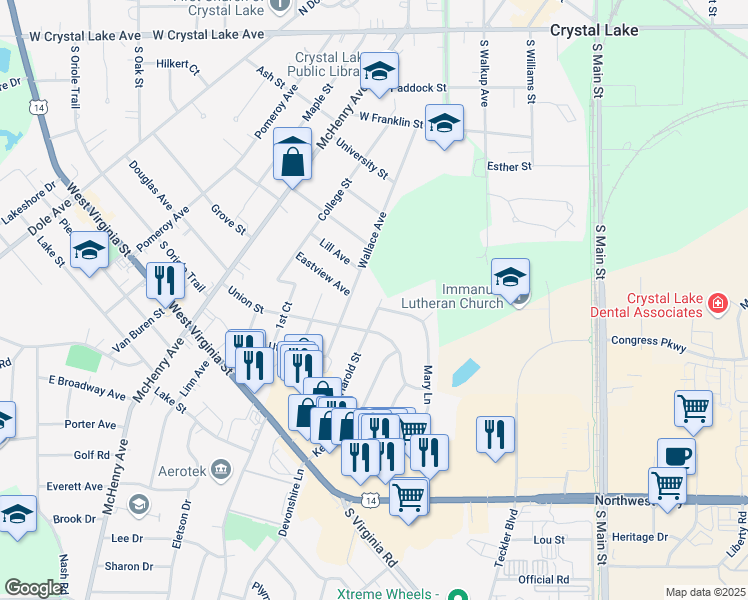 map of restaurants, bars, coffee shops, grocery stores, and more near 300 Harold Street in Crystal Lake