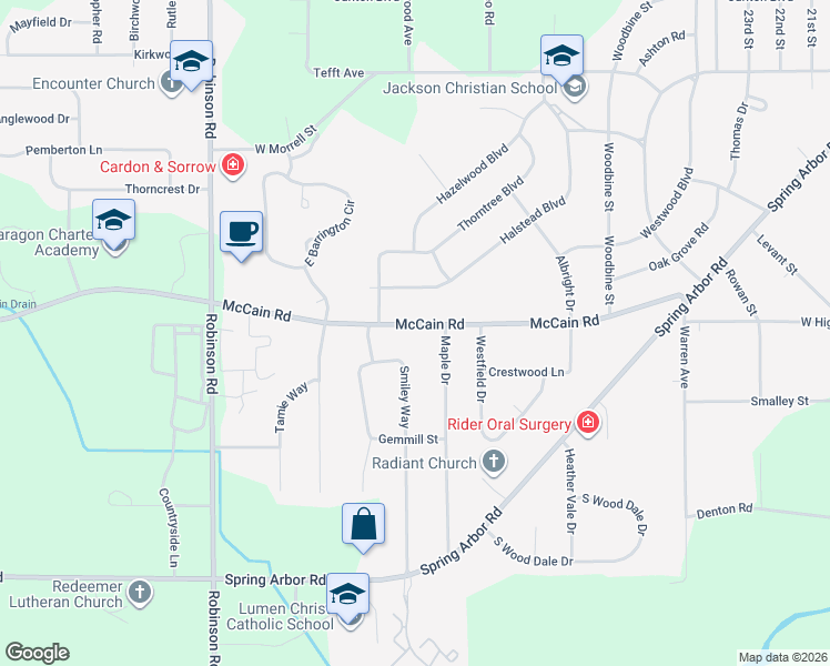 map of restaurants, bars, coffee shops, grocery stores, and more near 3219 McCain Road in Jackson