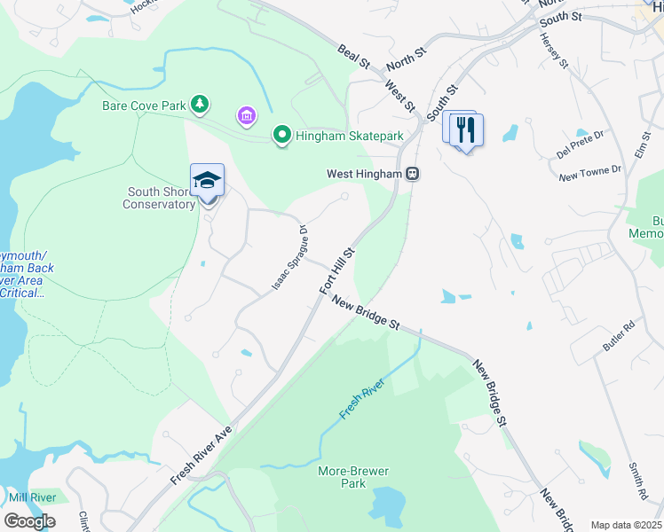 map of restaurants, bars, coffee shops, grocery stores, and more near 1 Charles Everett Way in Hingham