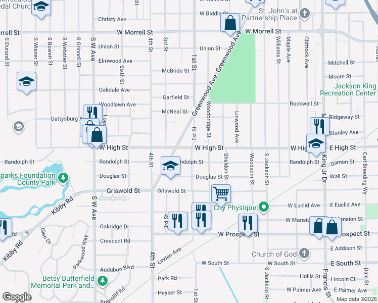 map of restaurants, bars, coffee shops, grocery stores, and more near 405 West High Street in Jackson