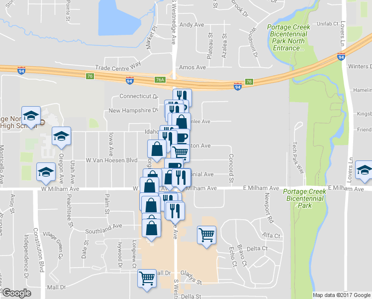 map of restaurants, bars, coffee shops, grocery stores, and more near 122 Boston Avenue in Portage