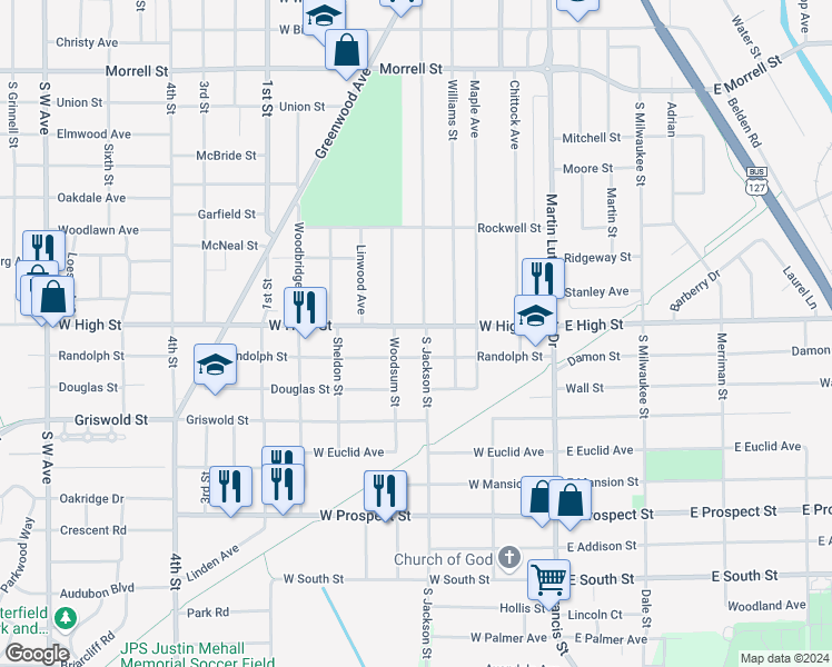 map of restaurants, bars, coffee shops, grocery stores, and more near 207 West High Street in Jackson