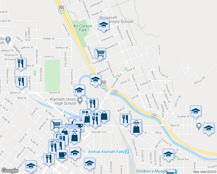 map of restaurants, bars, coffee shops, grocery stores, and more near 601 North Alameda Avenue in Klamath Falls