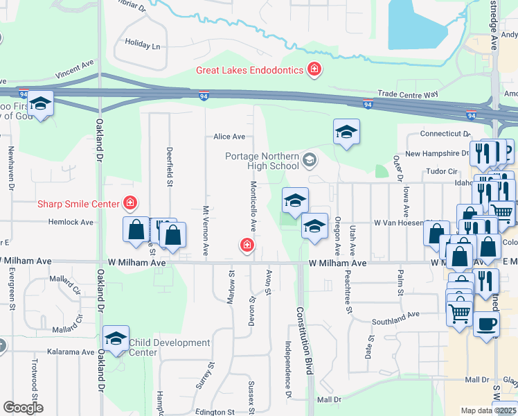 map of restaurants, bars, coffee shops, grocery stores, and more near 5815 Monticello Avenue in Portage