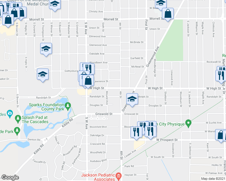 map of restaurants, bars, coffee shops, grocery stores, and more near 715 West High Street in Jackson