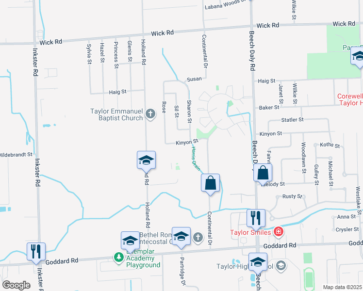 map of restaurants, bars, coffee shops, grocery stores, and more near 26337 Kinyon Street in Taylor