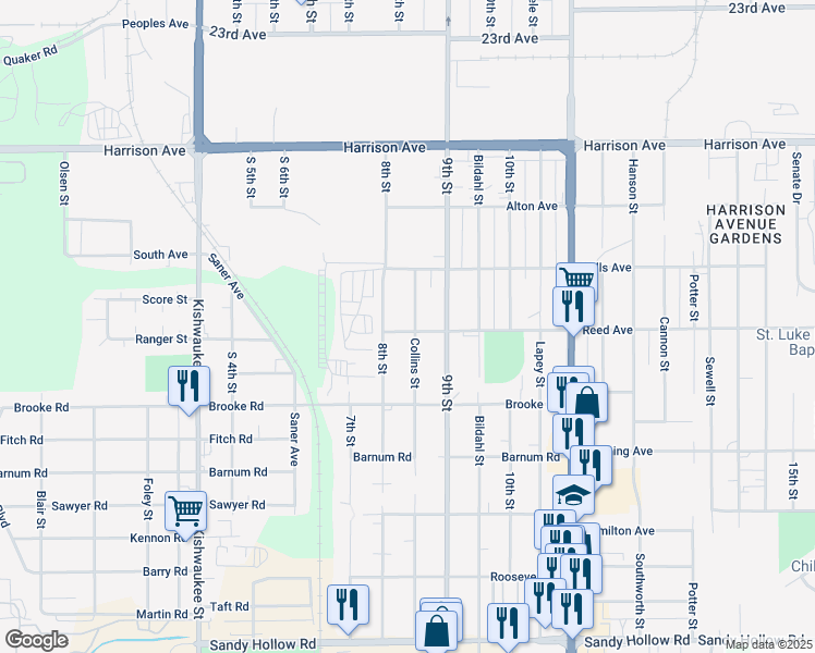 map of restaurants, bars, coffee shops, grocery stores, and more near 2845 Collins Street in Rockford