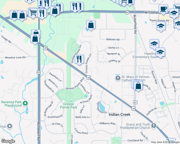 map of restaurants, bars, coffee shops, grocery stores, and more near 334 Bloomfield Court in Vernon Hills