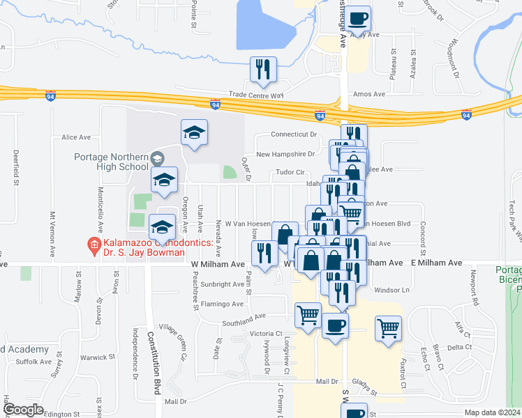 map of restaurants, bars, coffee shops, grocery stores, and more near 5817 Iowa Avenue in Portage