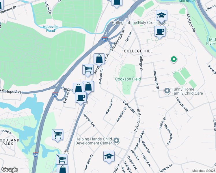 map of restaurants, bars, coffee shops, grocery stores, and more near 47 Heath Street in Worcester