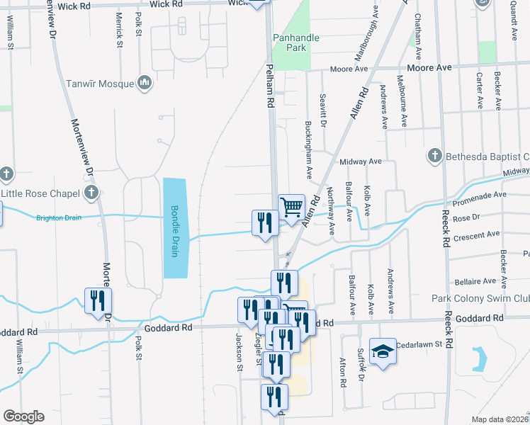 map of restaurants, bars, coffee shops, grocery stores, and more near 10098 Allen Pointe Drive in Allen Park