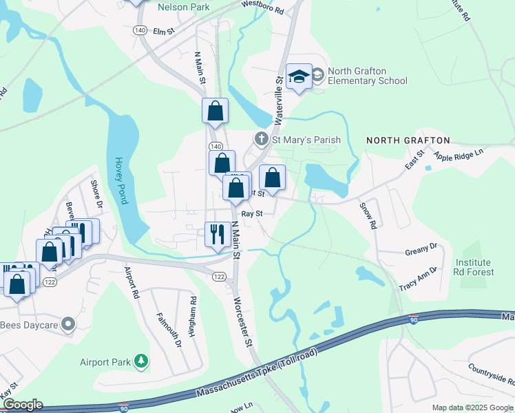 map of restaurants, bars, coffee shops, grocery stores, and more near 13 Ray Street in Grafton
