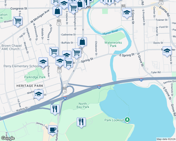 map of restaurants, bars, coffee shops, grocery stores, and more near 129 Bell Street in Ypsilanti