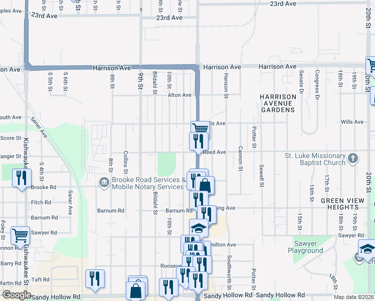 map of restaurants, bars, coffee shops, grocery stores, and more near 2846 Lapey Street in Rockford