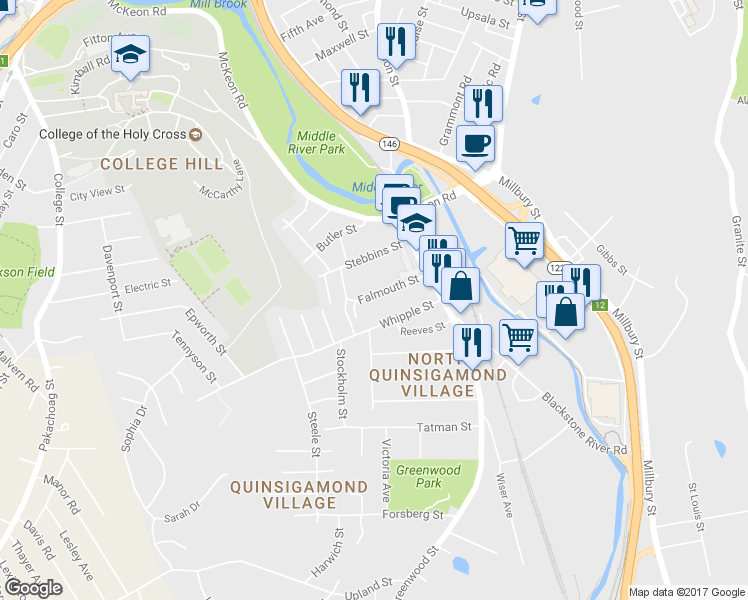 map of restaurants, bars, coffee shops, grocery stores, and more near 29 Falmouth Street in Worcester